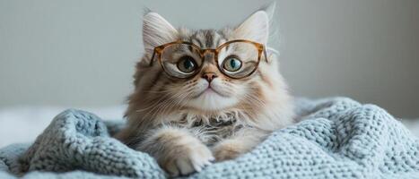 A cat wearing glasses on a blanket photo