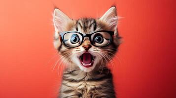 A cat wearing glasses and looking surprised photo