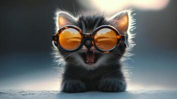 A kitten wearing sunglasses and yawning photo