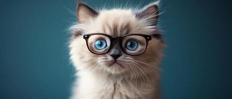 A cat wearing glasses on a blue background photo
