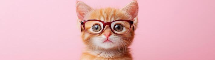 A cat wearing glasses on a pink background photo