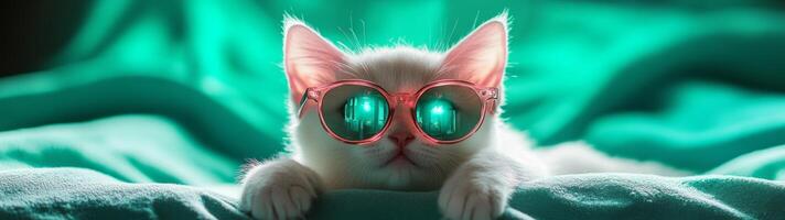 A white cat with green eyes wearing sunglasses photo
