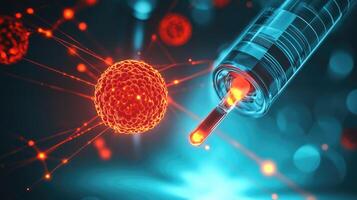 A syringe with a needle and a cell photo