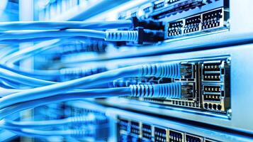 A close up of a network server with many cables photo