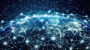 The world is connected by network lines and dots, with a globe in the center photo