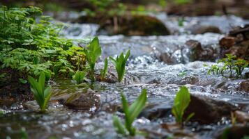 A stream of water flowing through a forest photo