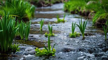 A stream of water flowing through a forest photo
