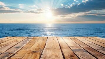 Wooden deck over the sea with sun shining photo