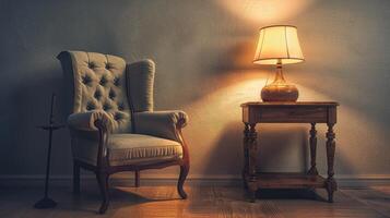 A chair and lamp in a room with a table photo