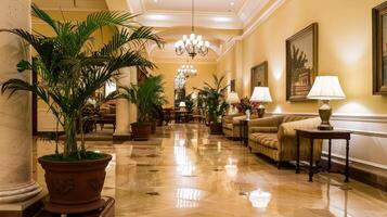 The lobby of a hotel with a large chandelier and a lot of plants photo