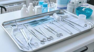 A tray with surgical instruments on a table photo