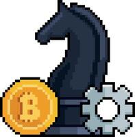 Pixel art chess knight with coin and gear in 8-bit style, investment strategy concept vector