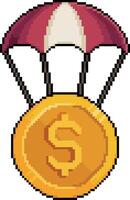 Pixel art coin with parachute in 8-bit style on white background vector