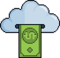 Pixel art cloud with banknote in 8-bit style on white background vector