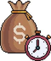 Pixel art money bag with clock in 8-bit style vector