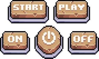 Pixel art of start, play, on and off buttons in wooden style and 8-bit game vector