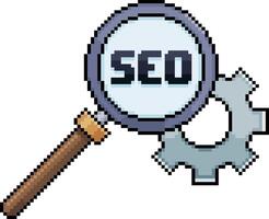 Pixel art of magnifying glass with the word SEO and a gear in 8-bit style vector