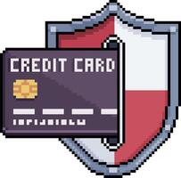Pixel art credit card coming out of shield in 8-bit style on white background vector