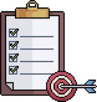 Pixel art clipboard with target and arrow in 8-bit style on white background vector