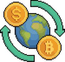 Pixel art of earth globe with dollar and bitcoin coin with green arrows around in 8-bit style vector