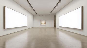 An empty white gallery with two large white paintings photo
