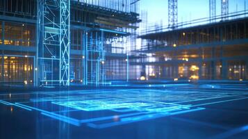 3d rendering of a construction site with blue lines photo