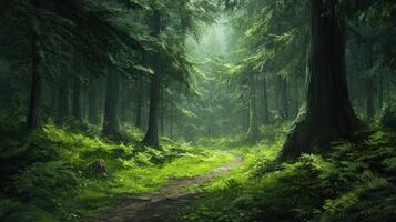 A path through a green forest with trees and grass photo