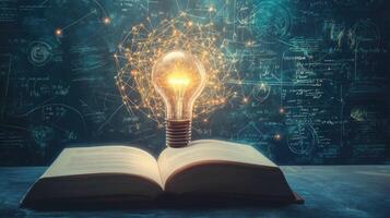 An open book with a light bulb on top of it and a mathematical formula on the background photo