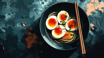 An artistic painting of a bowl of noodles with eggs photo