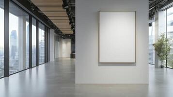 Empty white frame in a modern office with large windows photo