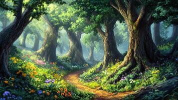 A painting of a forest with trees and flowers photo