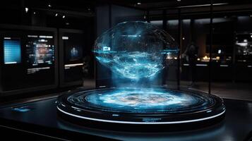 A futuristic display with a glowing sphere on top photo