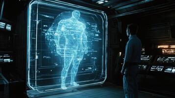 A man standing in front of a futuristic machine photo