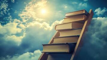 A ladder with books on top of it in the sky photo