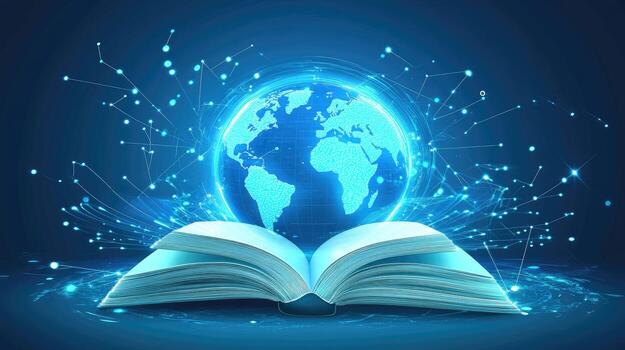 Open book with globe and network connection on dark background photo