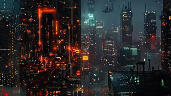 A futuristic city with skyscrapers and lights