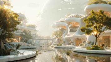 A futuristic city with a canal and a lot of people photo