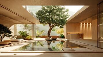 A modern indoor pool with a tree in the middle photo