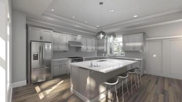 3D rendering of modern kitchen with sleek cabinets and island counter photo