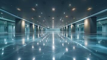 An empty room with a shiny floor and lights photo