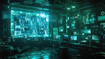 A dark room with lots of computers and monitors photo