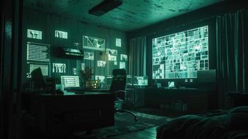 A dark room with a computer and a desk photo