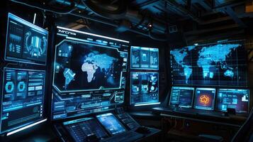 A room with many screens and a computer photo