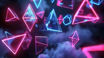 3d rendering of neon triangles in the sky photo