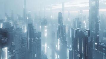 A futuristic city with tall buildings and lots of lights photo