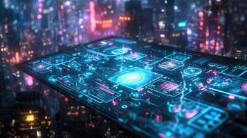 A futuristic cityscape with a futuristic device on it photo