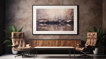 A large framed photograph hangs above a table in a room photo