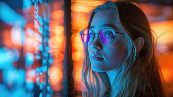 A woman wearing glasses and looking at a computer screen photo
