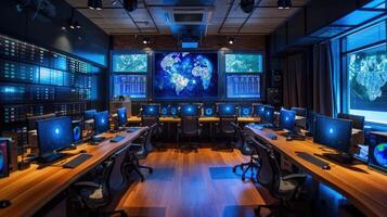 A room with several computers and monitors on the wall photo