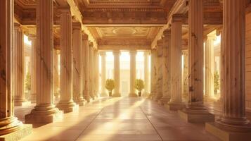 A long hallway with columns and sunlight photo